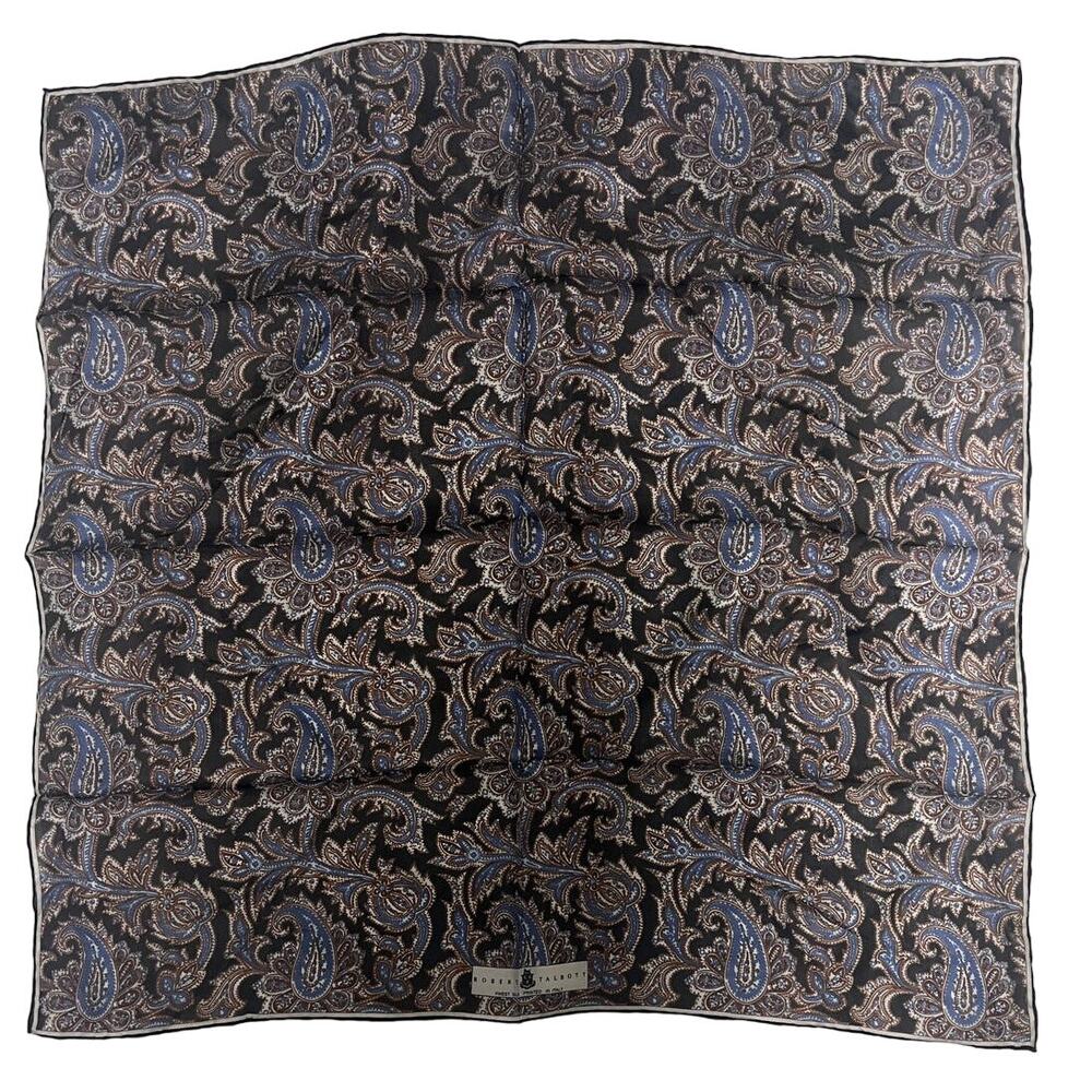 ROBERT TALBOTT Fine Silk Scarf Printed in Italy  Black Blue Brown Paisley 25"